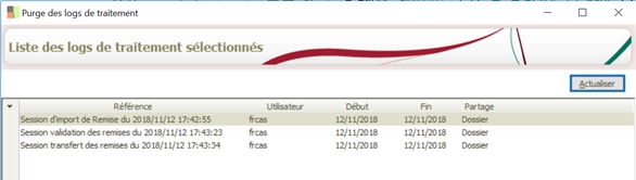 Résultat de la sélection de la purge de Logs de traitements